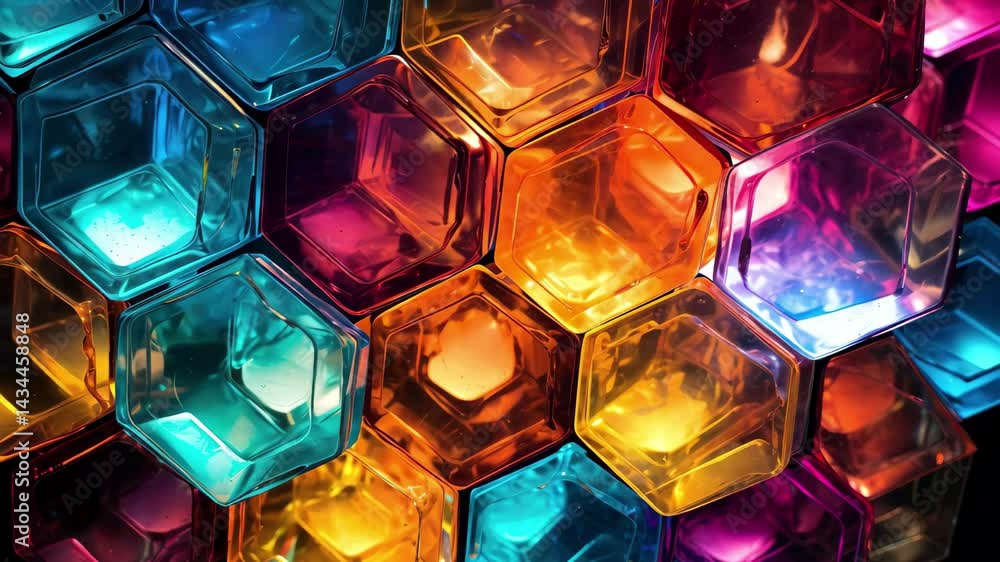 Poster an array of vibrant hexagonal prisms floats gracefully, illuminated by colorful lights, creating a m