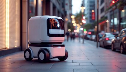 Delivery Robot on City Street: A small, cube-shaped delivery robot stands on a city sidewalk at dusk, ready to deliver packages. The city's lights blur in the background. 