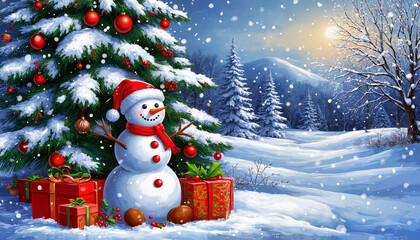 Obraz premium Christmas snowman with gifts beside a decorated tree in winter 