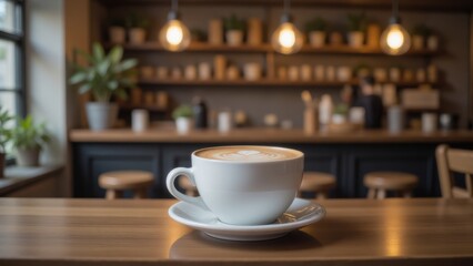 Fototapeta premium Cappuccino on Wooden Table in Cozy Coffee Shop: Latte Art, Cafe Interior, Coffee Culture