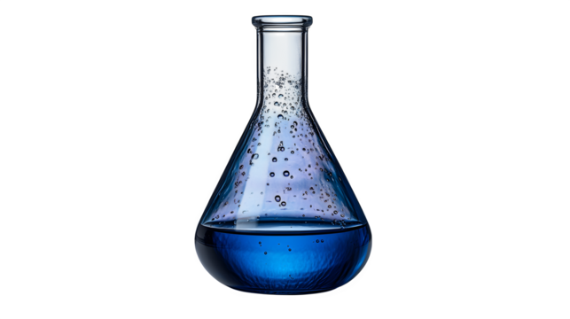 Glass Erlenmeyer flask filled with blue liquid, scientific laboratory equipment, isolated on white background