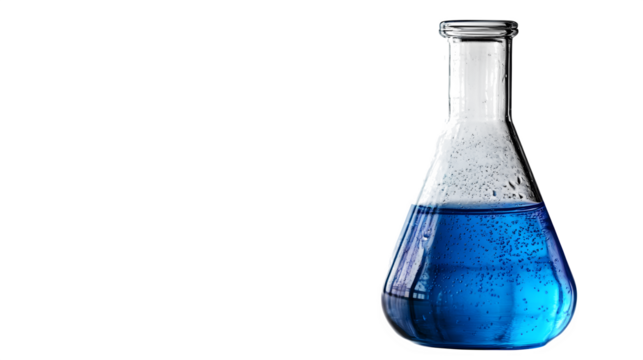 Glass Erlenmeyer flask filled with blue liquid, scientific laboratory equipment, isolated on white background