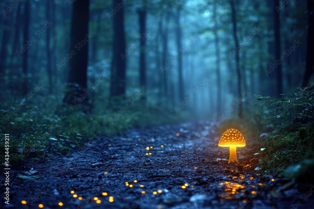 Poster glowing mushroom illuminates a mystical forest path at twilight, creating an enchanting scene.