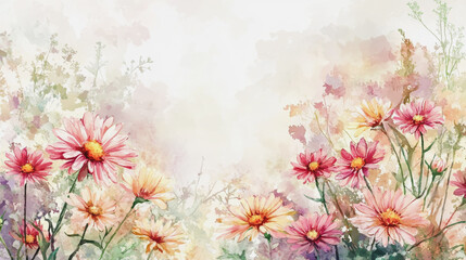 watercolor botanical Chrysanthemum flowers texture template background.Elegant wedding invitation card background . Minimal hand painted Design for wedding or Valentine's Day