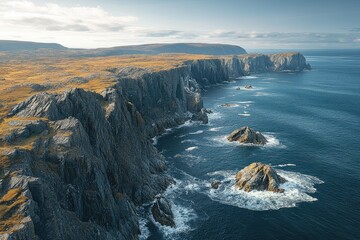 Dramatic coastal cliffs meet the vast ocean, creating a breathtaking landscape of rugged beauty and powerful waves.