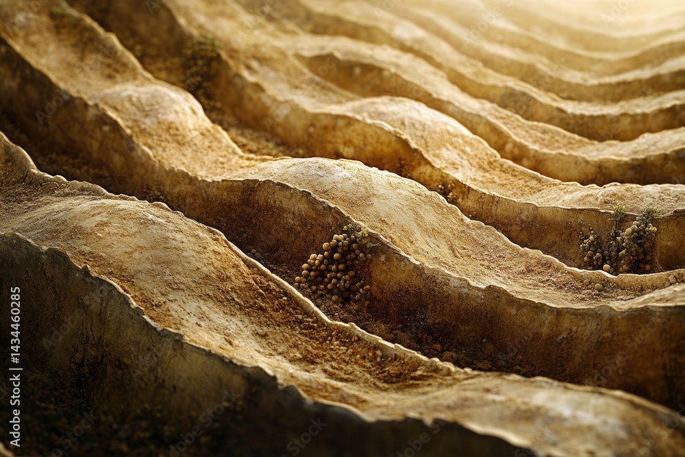 Poster sunlit undulating beige rock formations, textured surface with small plants sprouting in crevices.