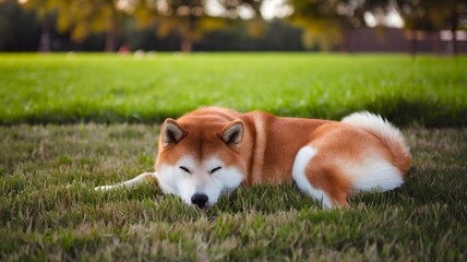 A Shiba Inu dog resting on the grass in a park during the daytime