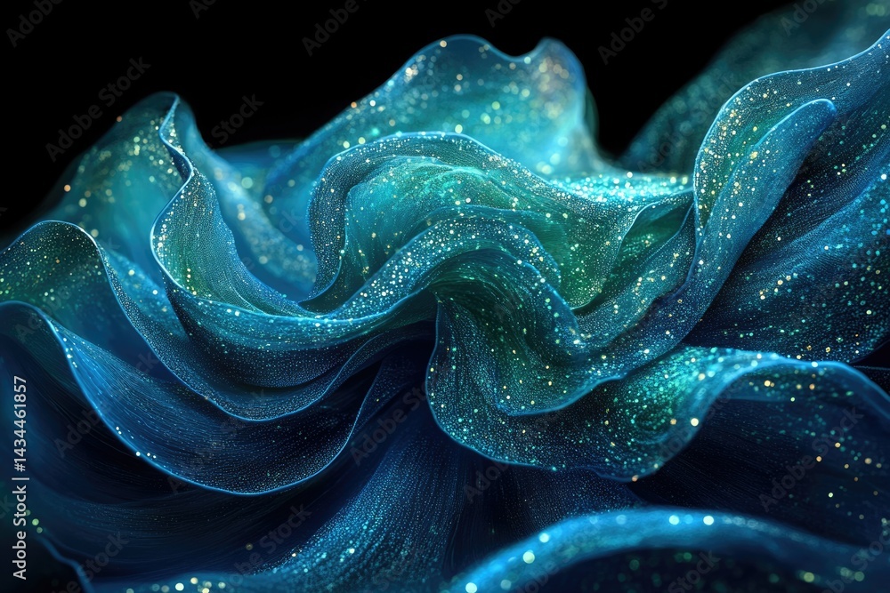 Poster sparkling teal fabric, dramatically draped and shimmering with light.