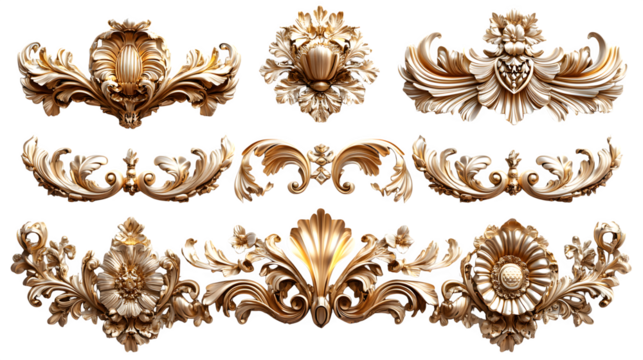 Golden baroque ornament set, isolated on white background