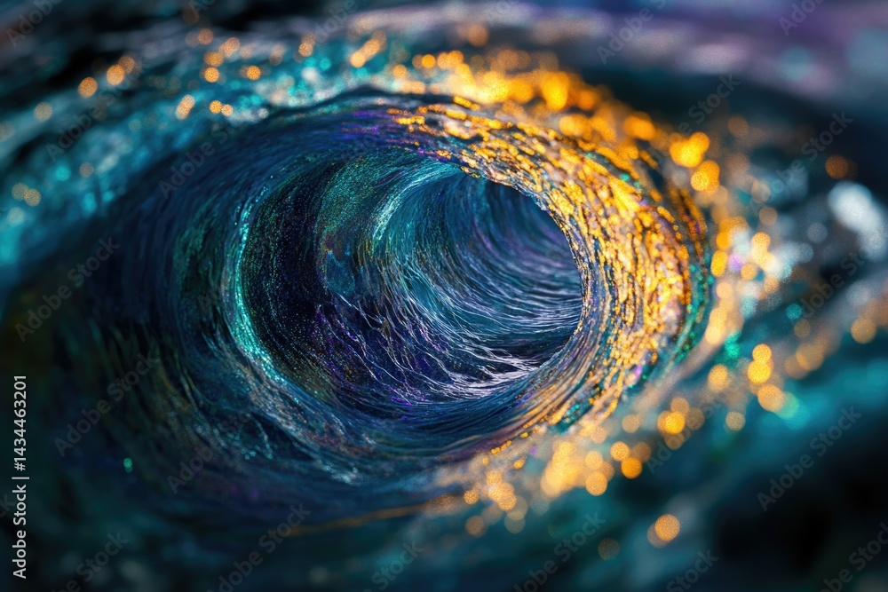 Poster a mesmerizing swirling ocean wave, shimmering with golden and teal hues, creates a captivating vorte
