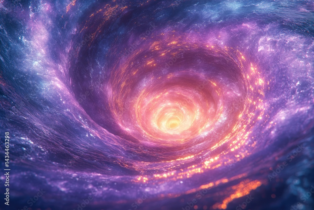 Poster a mesmerizing cosmic vortex swirls with vibrant purple and orange hues, creating a stunning visual o