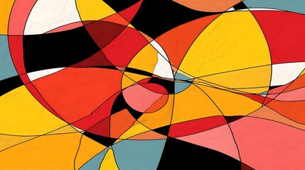 Fototapeta premium The image features an abstract design with interlocking forms. The shapes are outlined in dark lines, creating boundaries between the various fields of color