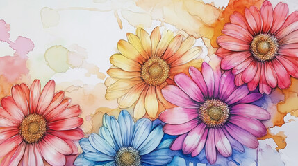 watercolor botanical Gerbera flowers texture template background.Elegant wedding invitation card background . Minimal hand painted Design for wedding or Valentine's Day
