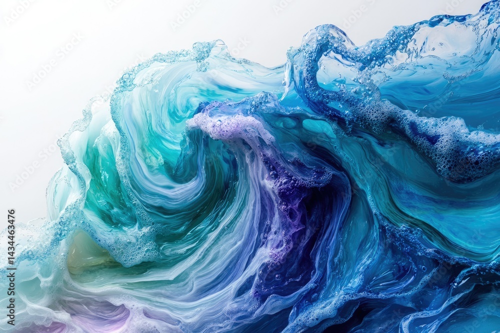 Poster abstract swirling blue and teal paint resembling ocean waves with foam.