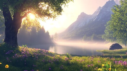 Obraz premium Serene Sunrise Landscape Peaceful Misty Mountain Lake Tranquil Nature Scene Beautiful Spring Flowers Vibrant Green Grass Scenic View Idyllic Calm 