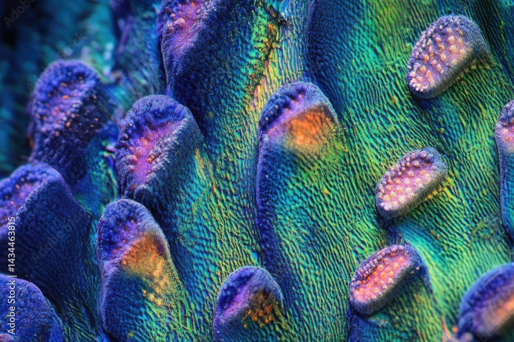 Poster vibrant close-up of a coral reef showcasing intricate textures and iridescent colors.