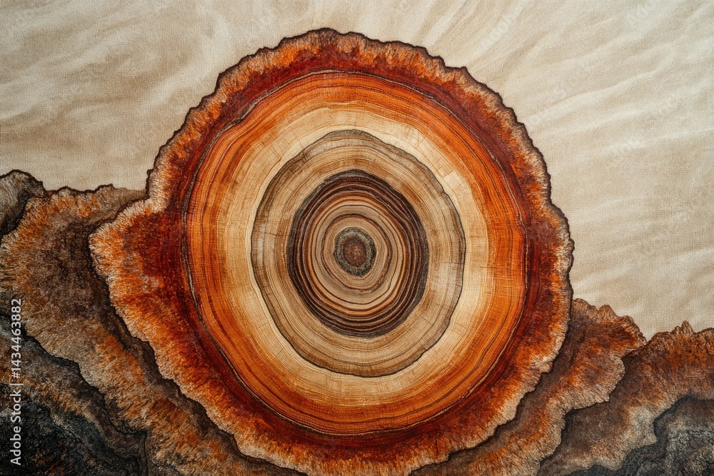 Poster a mesmerizing cross-section of a tree trunk, revealing intricate rings and vibrant colors.