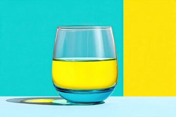 Blue glass with yellow liquid casting a shadow on a vibrant two-tone background