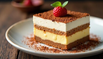Close-up of a single serving of tiramisu, showcasing texture and detail , baking, coffee