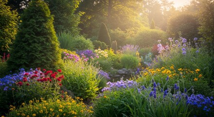 Obraz premium Sunlit Garden with Vibrant Flowers and Lush Greenery
