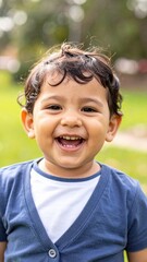 Smiling hispanic child in blue shirt playing outdoors on a sunny day