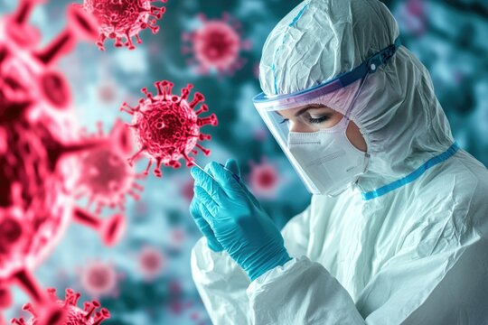 A healthcare worker in protective gear performs a COVID-19 test, battling the pandemic.