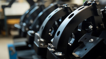 Fototapeta premium Mechanical arm assembling robotic arms for robotic molding of metal parts in an automotive factory, clean and organized workstations with molded parts visible, Metal molding robotic arm style