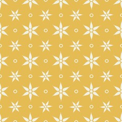 Seamless pattern with white stars or flowers with six petals on yellow background