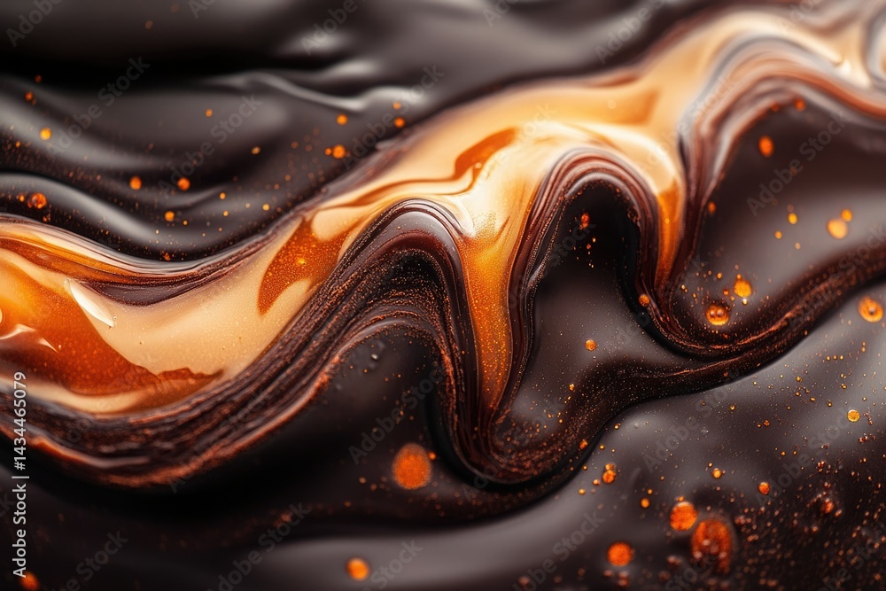 Poster abstract close-up of dark and golden brown liquid swirling together, creating a luxurious and decade