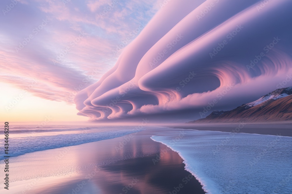 Poster dramatic, layered clouds resembling waves roll over a serene beach at sunset, creating a surreal lan