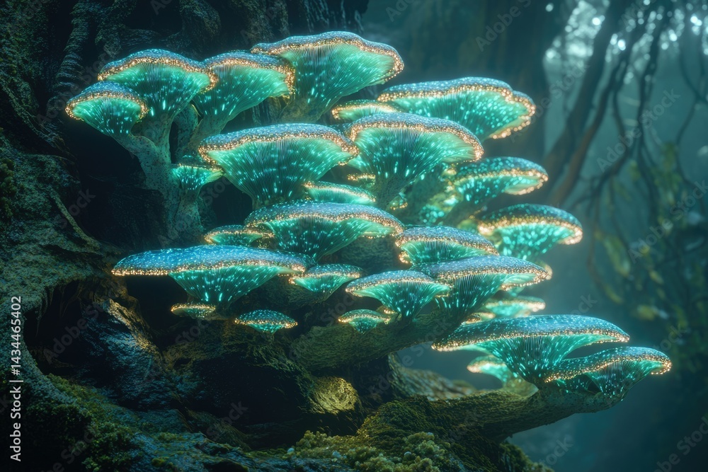 Poster luminous teal fungi cluster on a mossy tree, glowing with inner light in a mystical forest.