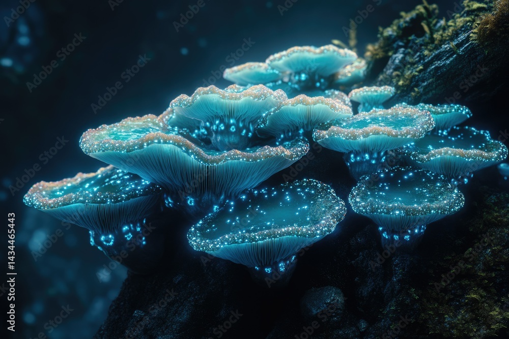 Poster glowing bioluminescent mushrooms cluster on a dark forest floor, illuminated with an ethereal blue l