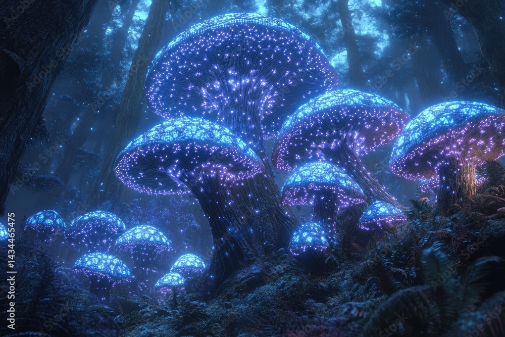 Poster enchanted forest with luminous bioluminescent mushrooms glowing in the dark.