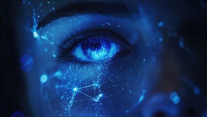 Close-up of a blue eye with glowing lines and particles