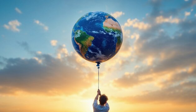 Earth Balloon: A solitary figure reaches up towards a giant globe earth balloon, soaring through a sky of vibrant blues and oranges, symbolizing hope, aspirations and dreams of a brighter future. 