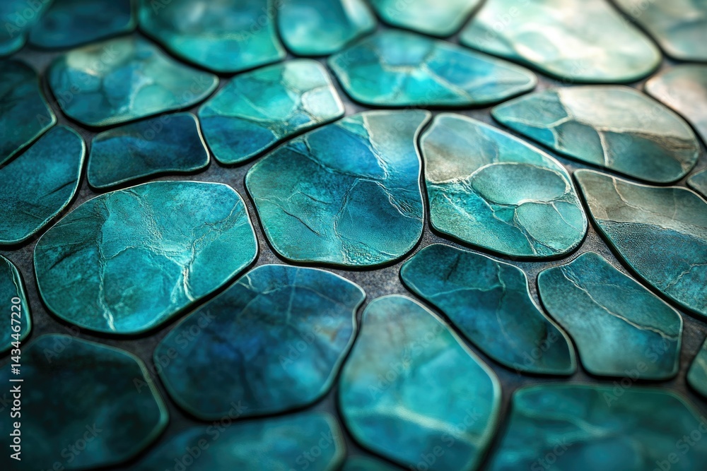 Poster Close-up view of an abstract teal and blue stone mosaic pattern with irregular shapes and textures.