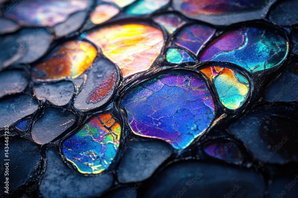Aufkleber close-up of iridescent, fractured gemstone-like structures, exhibiting vibrant colors and intricate 