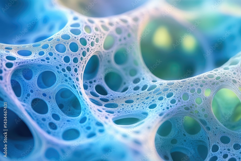 Poster Abstract 3D rendering of a blue and teal porous network structure resembling a complex cellular or spongy material.