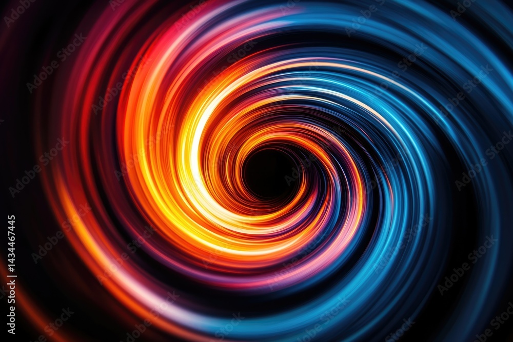 Poster abstract swirling vortex of vibrant red, orange, and blue light streaks creating a mesmerizing tunne