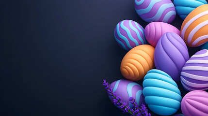 Fototapeta premium Pastel Easter Eggs and Lavender on Dark Background