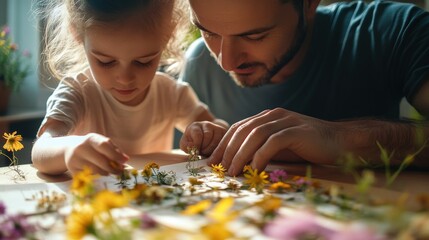 Father and daughter create a floral art project together.