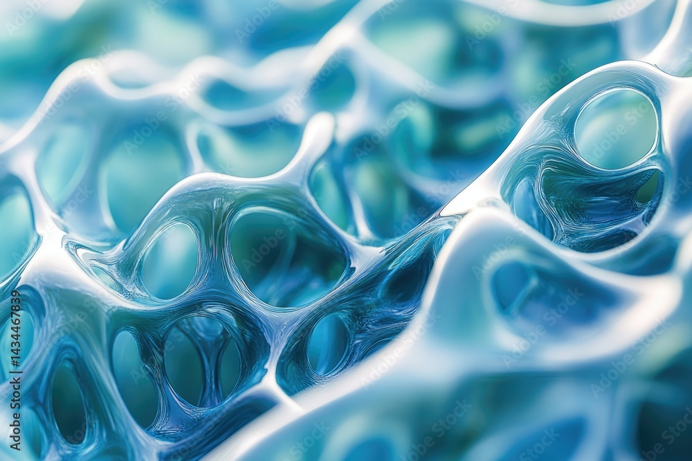 Aufkleber Abstract 3D rendering of a blue, translucent, porous structure resembling a complex network or cellular form.