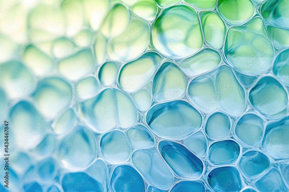 Poster Abstract image of interconnected, translucent, blue and green bubbles, resembling a cellular structure or fluid dynamics.