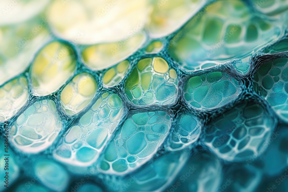 Poster Abstract close-up of a vibrant teal and green cellular structure, resembling a network of interconnected bubbles.