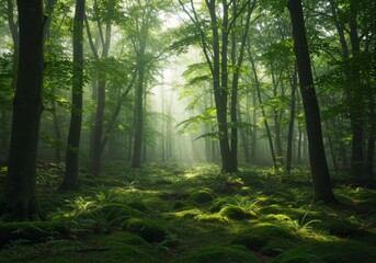Obraz premium Sunlit Path Through a Misty Green Forest