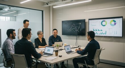 Business meeting with people around a table with laptops and screens.