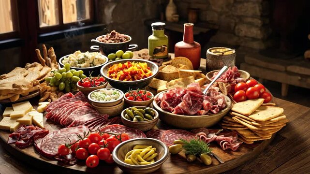 Rustic picada finger food spread featuring assorted meats, cheeses, vegetables, and dips served in a cozy setting with a warm ambiance