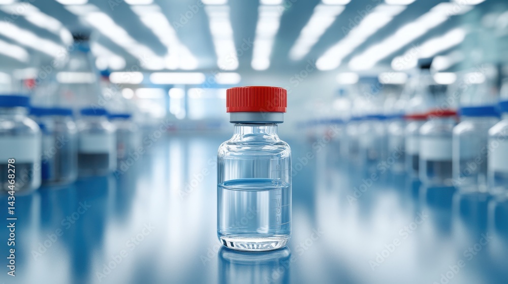 Poster clear scientific vial with red cap in a lab setting surrounded by research bottles