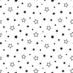 Star seamless pattern. Repeating black stars isolated on white background. Repeated simple prints for design. Abstract monocrome lattice. Repeat sample. Geometric random texture. Vector illustration