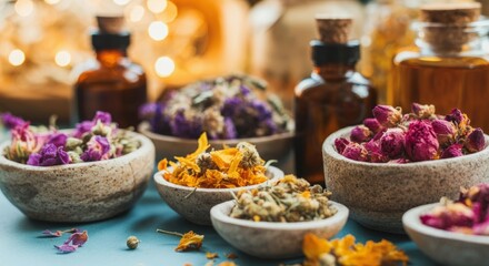 Dried herbal flowers and essential oil bottles on a wooden surface for aromatherapy and wellness